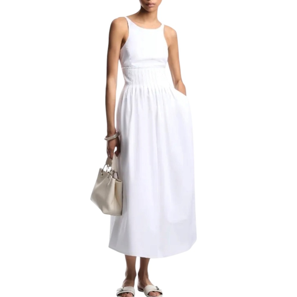 NWT EMPORIO ARMANI Optical White Cotton Poplin Smocked Midi Dress Sz 40 Small
